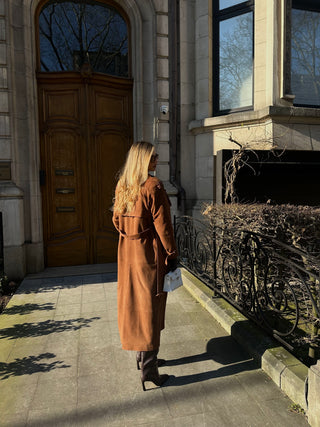 Lèe 100% Real Suede Leather Trench Coat Tan