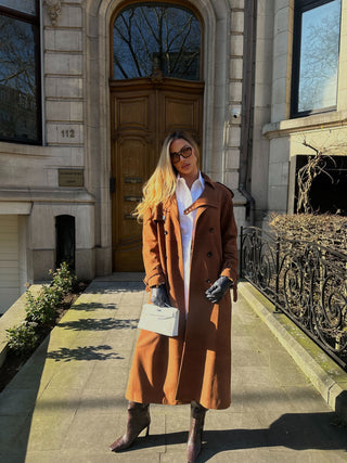 Lèe 100% Real Suede Leather Trench Coat Tan