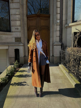 Lèe 100% Real Suede Leather Trench Coat Tan