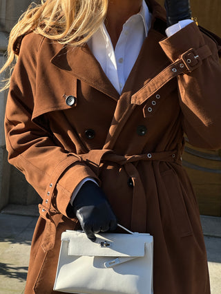 Lèe 100% Real Suede Leather Trench Coat Tan