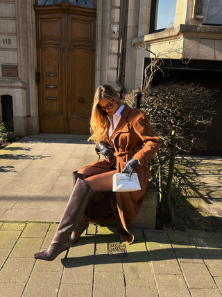 Lèe 100% Real Suede Leather Trench Coat Tan
