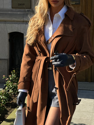 Lèe 100% Real Suede Leather Trench Coat Tan