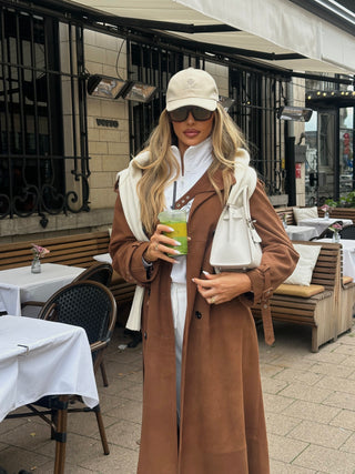 Lèe 100% Real Suede Leather Trench Coat Tan